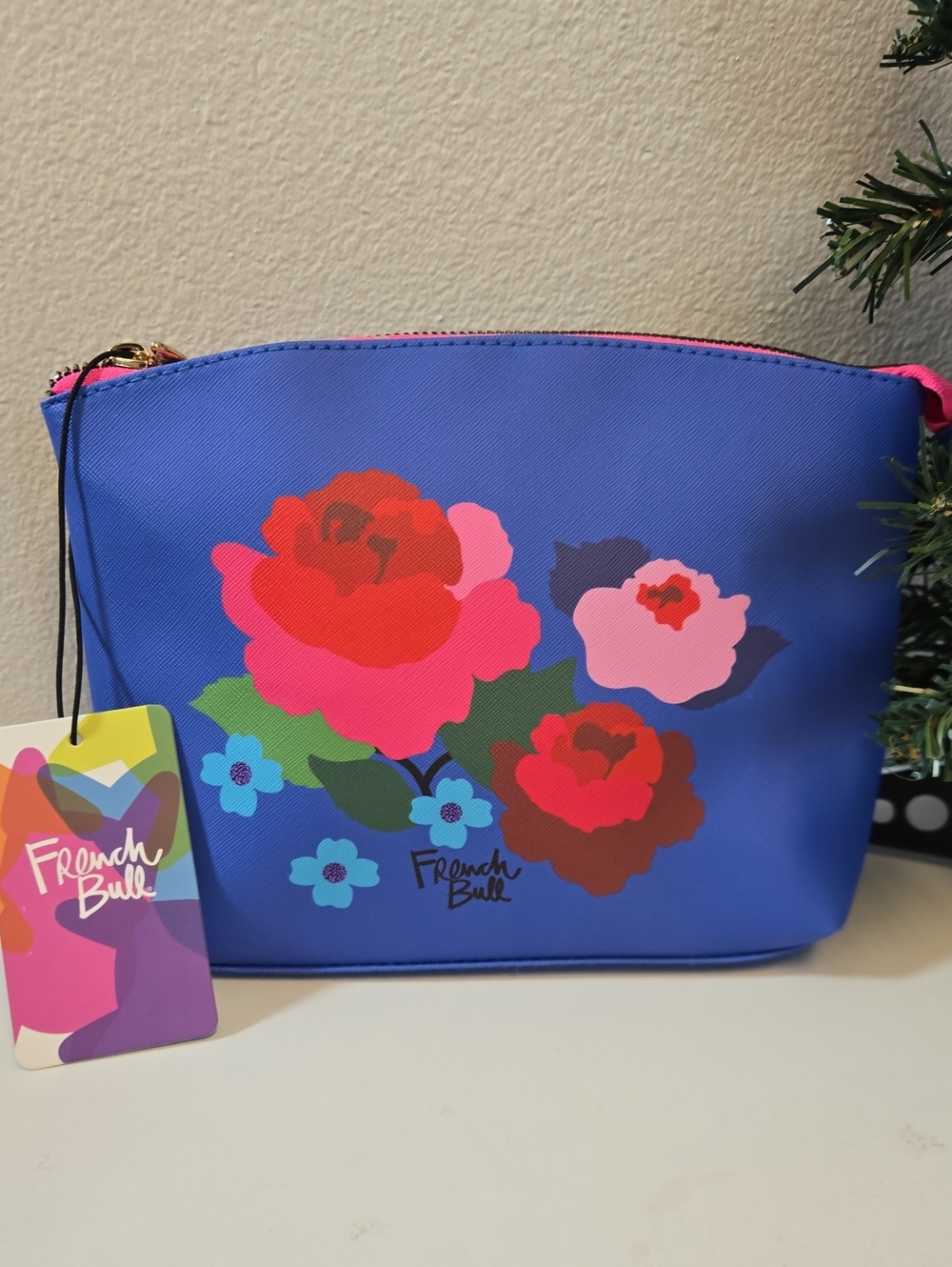 NEW French Bull Blue Floral Cosmetic Pouch with Pink Trim